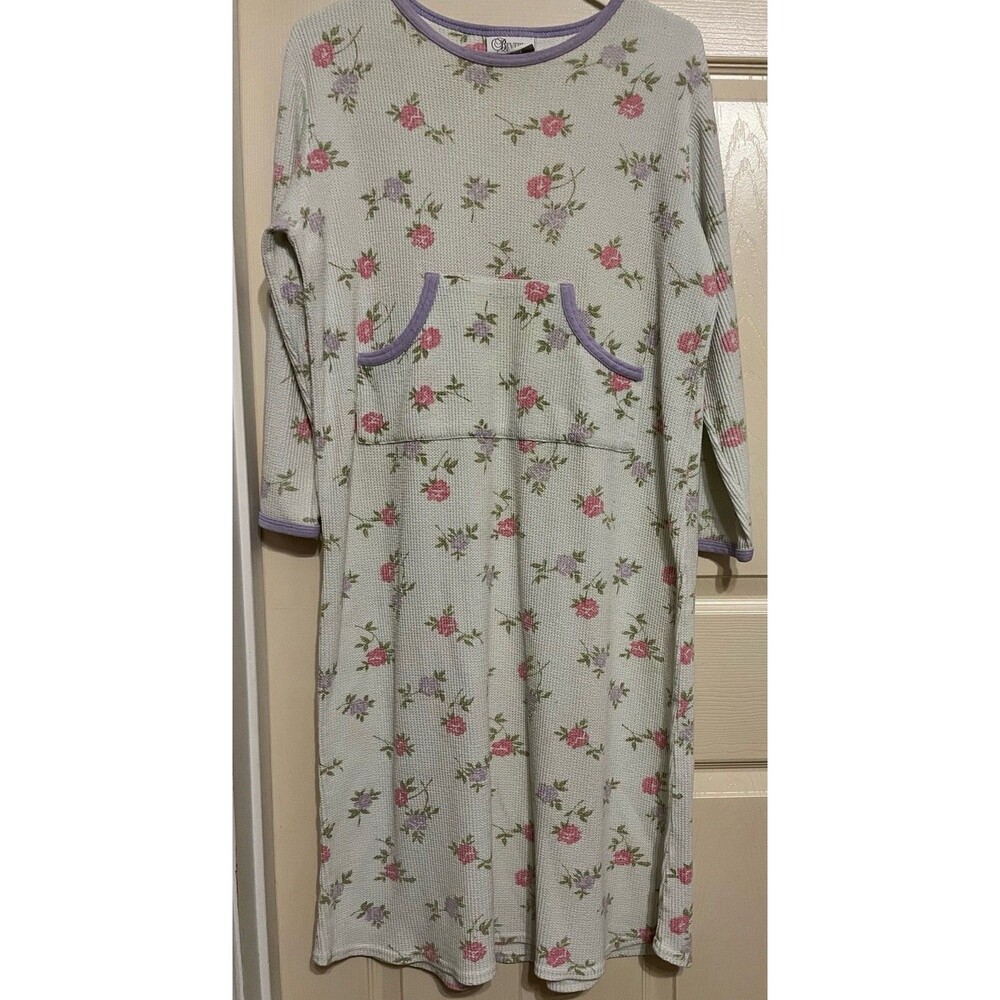 Vintage Beverly West Waffle Knit Thermal Nightgown Dress Floral Pastel Medium